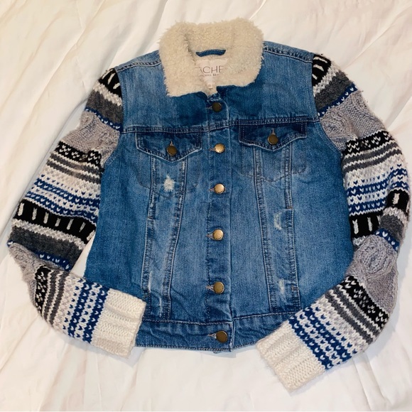🎉3xHP🎉 Rachel Roy Shearling Denim Jacket Sweater Sleeves XS - Picture 9 of 9